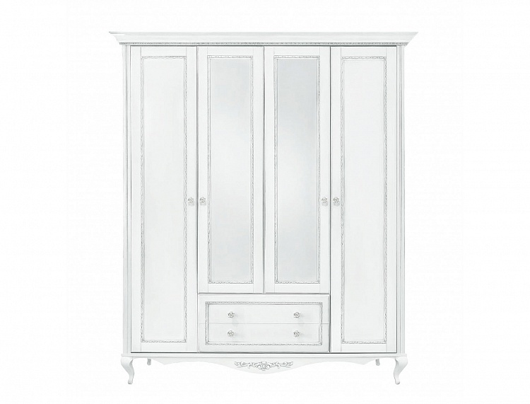 Шкаф четырехдверный с зеркалами Неаполь (Белый / Патина серебро)