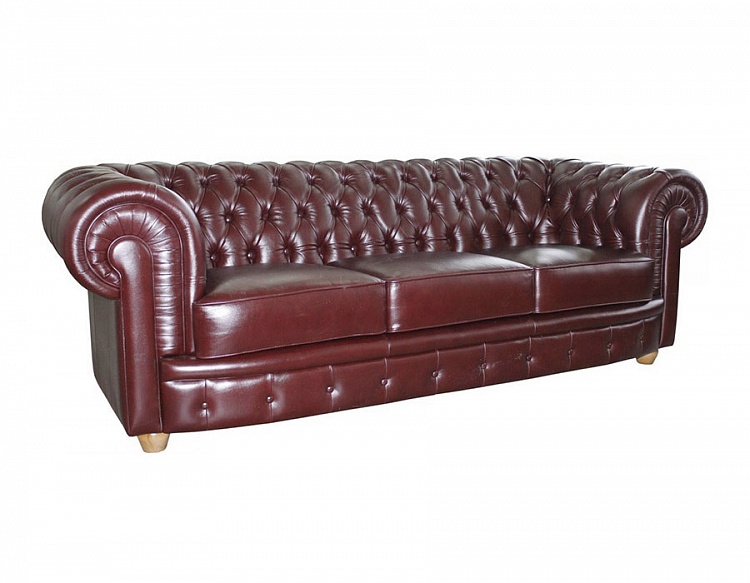 Трехместный кожаный диван Честерфилд (темно-бордовый)